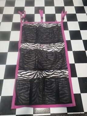 Hanging Mesh Organizer with Zebra Print and Hot Pink Trim